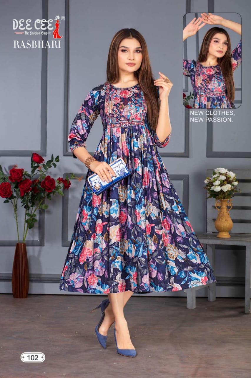 Rasbhar By Dee Cee 101 To 106 Printed Anarkali Kurtis Exporters In India